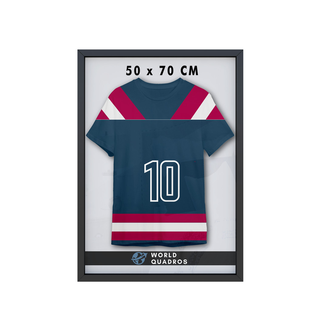 Moldura Caixa Alta 50x70 Decoração Camiseta Time Futebol Volei Basquete Formatura Fundo MDF Branco Com Proteção Vidro