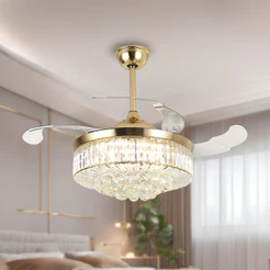 Ventilador De Teto Retrátil Air Cristal Dourado Lustre Led 30w Bivolt Opus Controle Remoto Moderno