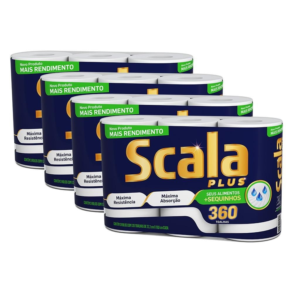Kit 4 Papel Toalha Scala Plus Mega 3 Rolos cada - Home & Living