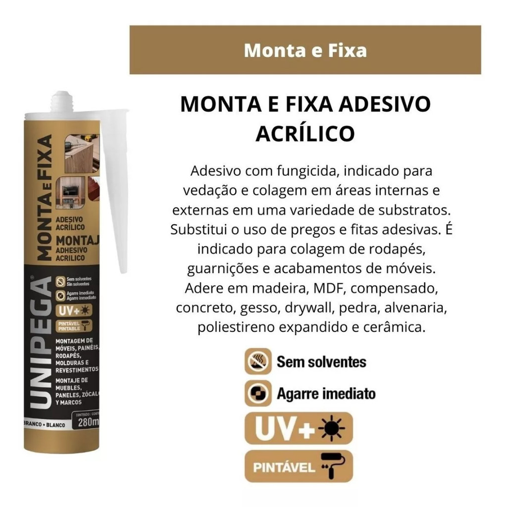 Detalhes do Kit 2 Cola Monta e Fixa Adesivo Selante 400g Unipega Móveis Prateleira Esquadria Rodapé Concreto