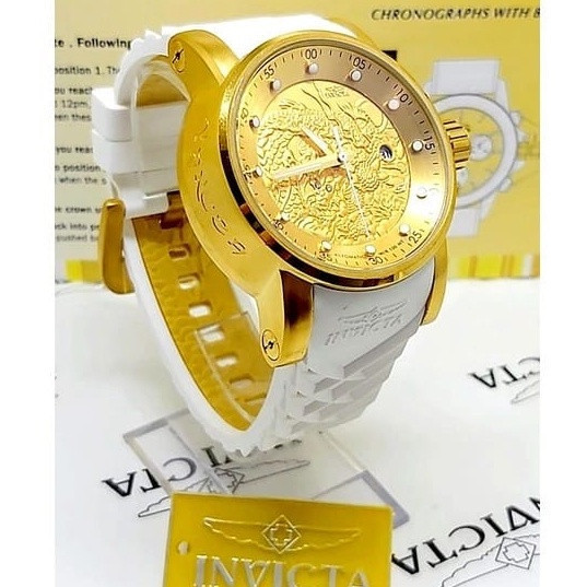 Relógio Invicta Masculino Yakuza S1 Dragão Dourado Aço Inoxidável Resistente á Água Grande Pesado + Caixa - Thunderbolt Bolt Zeus Skeleton Joker Hibryd Venon Excursion Reserve
