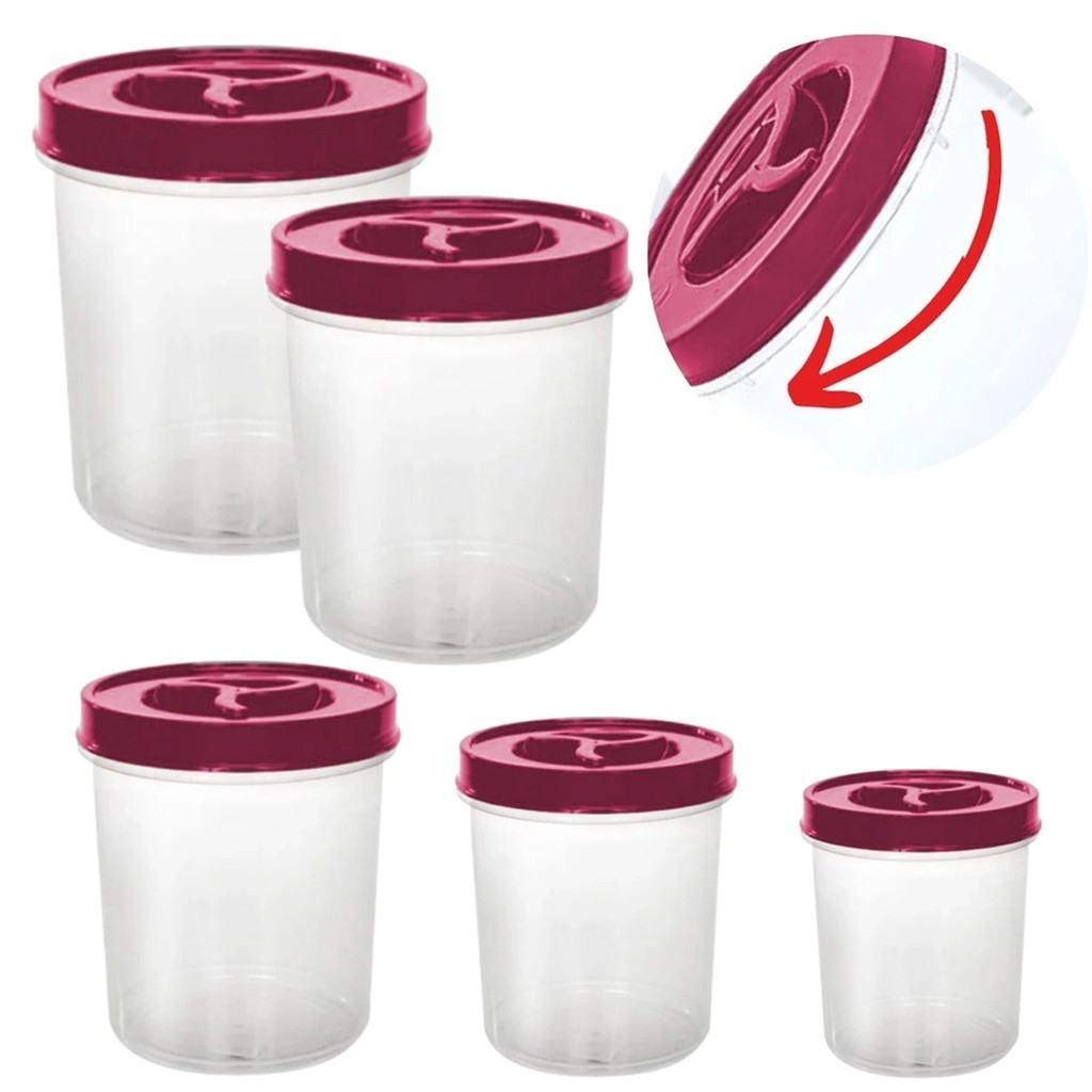 Kit 5 Potes Porta Mantimentos Tampa Rosca Vermelha Potes Organizadores Transparente