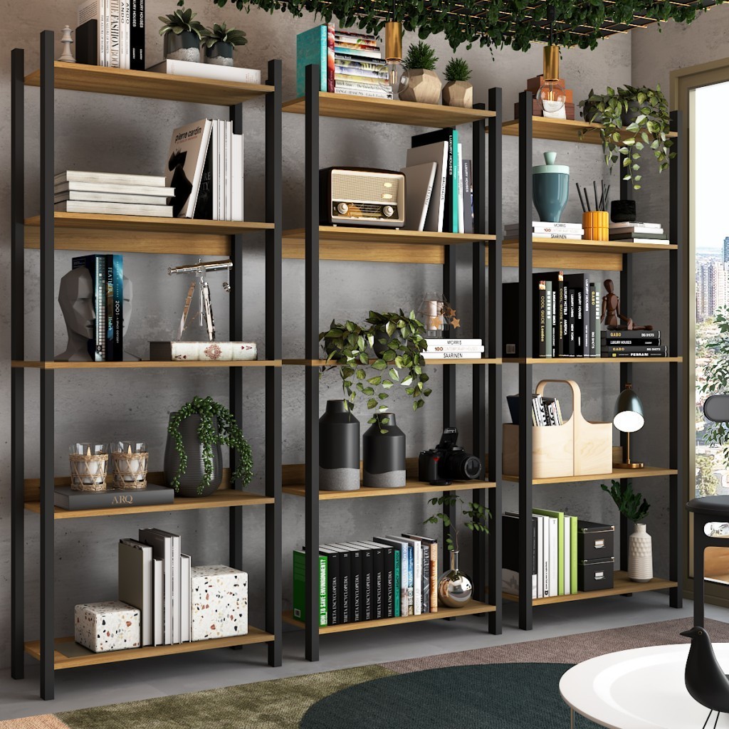 Estante para Livros Nobre 15 Prateleiras Estilo Industrial Freijó/Black - Panorama Móveis - Home & Living