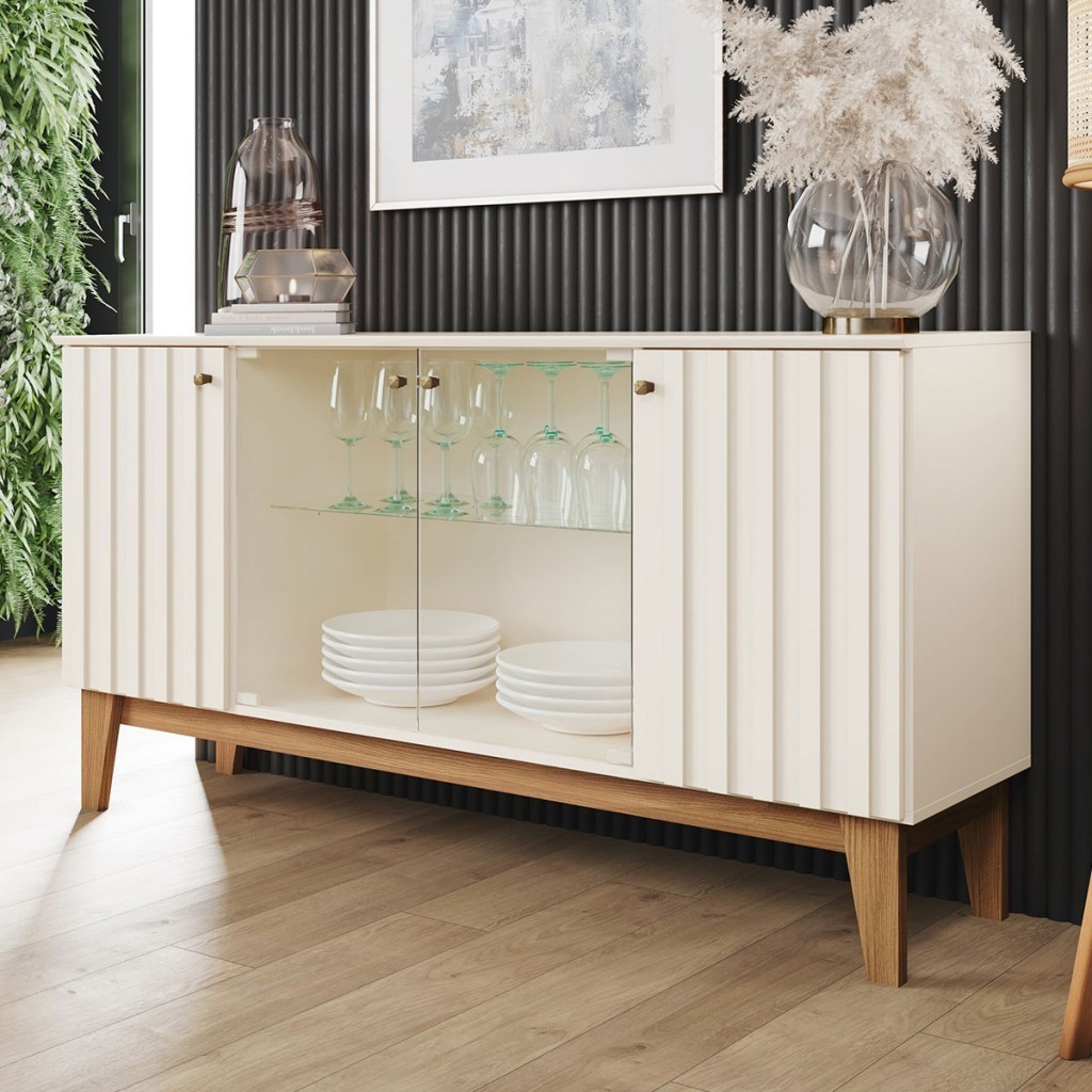Balcão Buffet Eiffel 4 Portas 3 Prateleiras com Vidro Ripado Off White/Nature - Henn em Oferta na Shopee