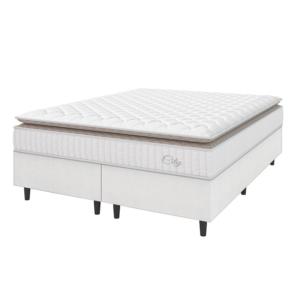 Cama Box Colchão Casal King Molas Ensacadas City Pillow Top 193x203x61cm Linho Branco / Bege Hellen - Home & Living