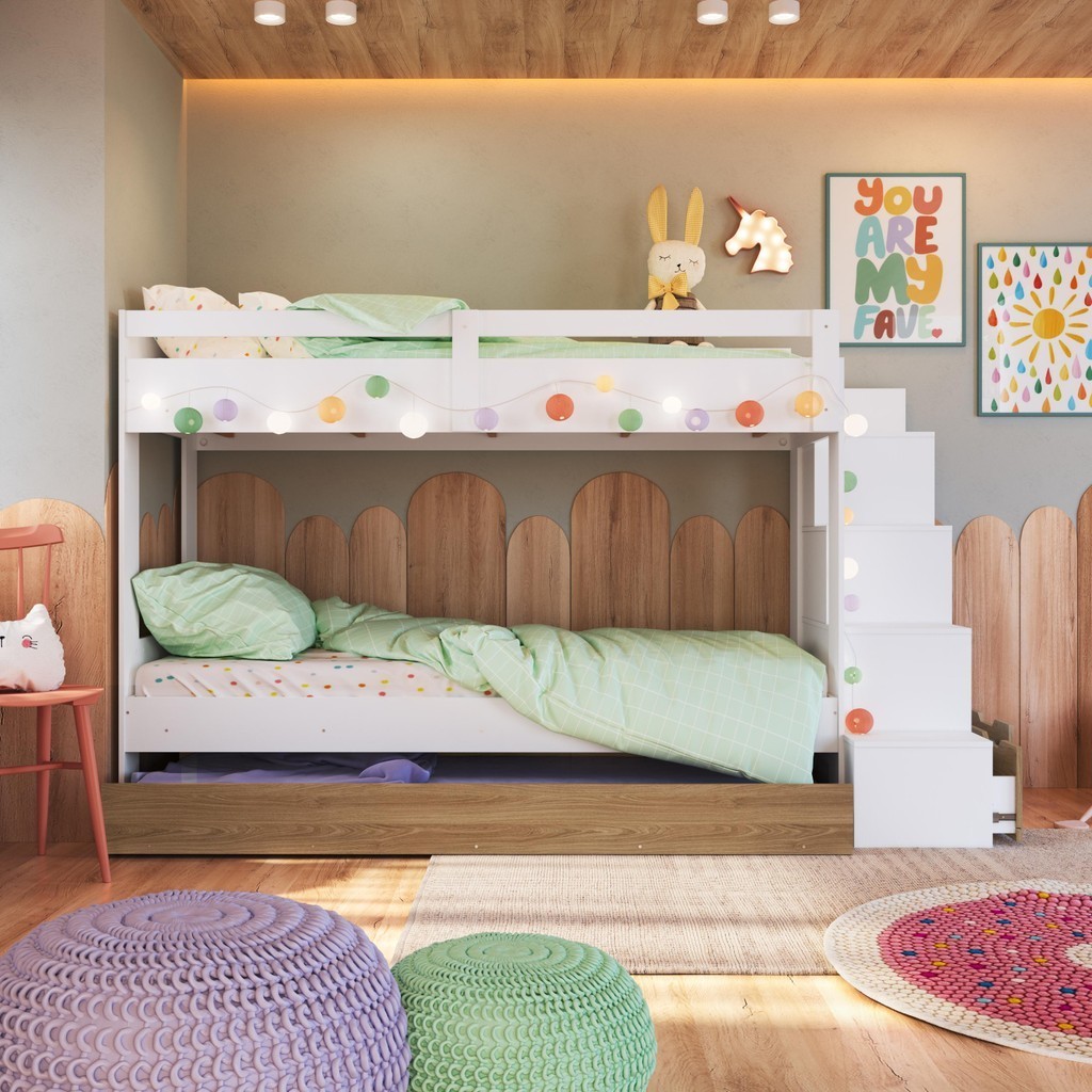 Detalhes do Cama Treliche Infantil Bicama Menino Menina 2,32m com Escada, Nichos e Gavetas Branco com Aveiro