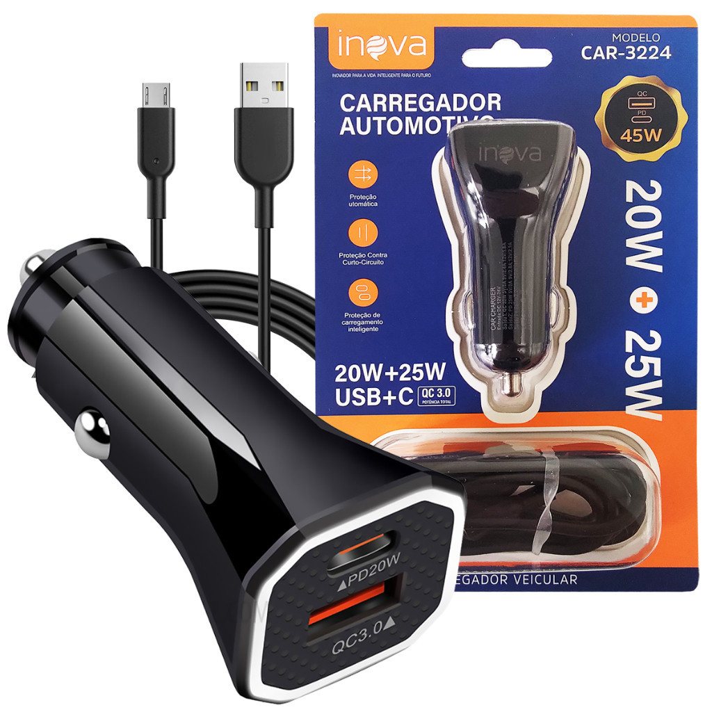 Carregador para Celular Veicular Carro 2 Entradas USB Com Cabo Turbo