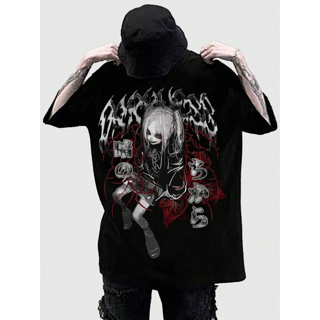 Camiseta Unissex Oversized Plus Size Feminina Masculina Anime  Casual de Manga Curta  e Estampa de Letras de Personagens