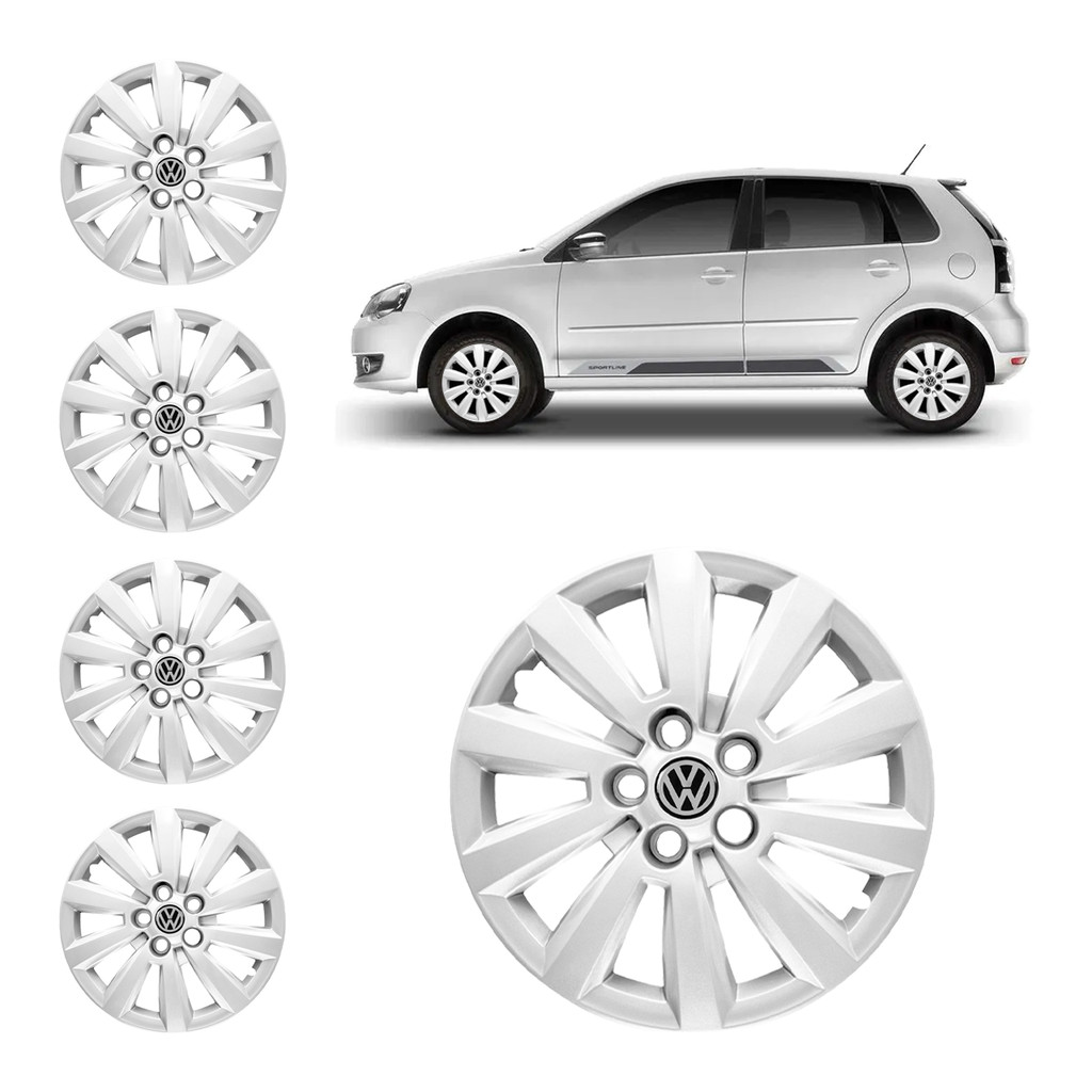 Kit Calota Vw Polo / Fox / Spacefox / Crossfox 2007 / 2014 ARO 14 + Emblema Volks Resinado (5 Furos)