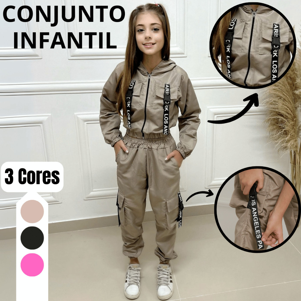 Conjunto Menina Blusinha Bomber e Calça Tactel Jogger Cargo Infantil Juvenil Jaqueta Blusa Calca Top em Oferta na Shopee
