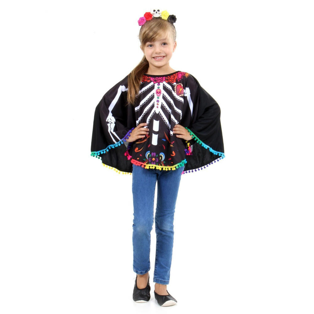 Fantasia Caveira Mexicana Poncho C/Tiara Infantil Halloween
