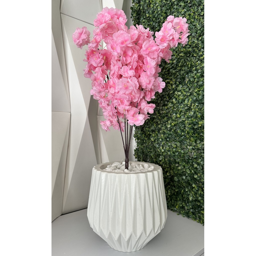 Flor Cerejeira Pessegueiro Artificial + Vaso Origami Pedra em Oferta na Shopee