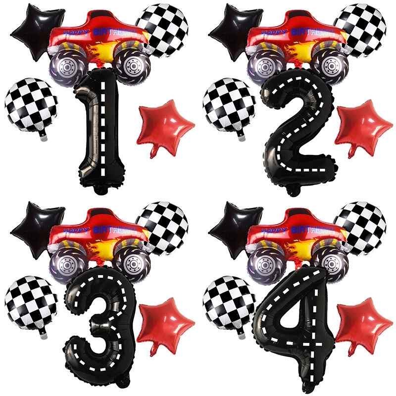 6 Balão Carro Corrida Número Grande Balões F1 Pista Pneu Monster Jam Truck Caminhonete Pickup Festa Feliz Aniversário