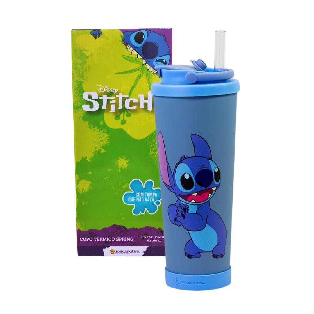 Copo Térmico Stitch Zona Criativa 850ml – Inox com Canudo, Escovinha e Tampa com Vedação