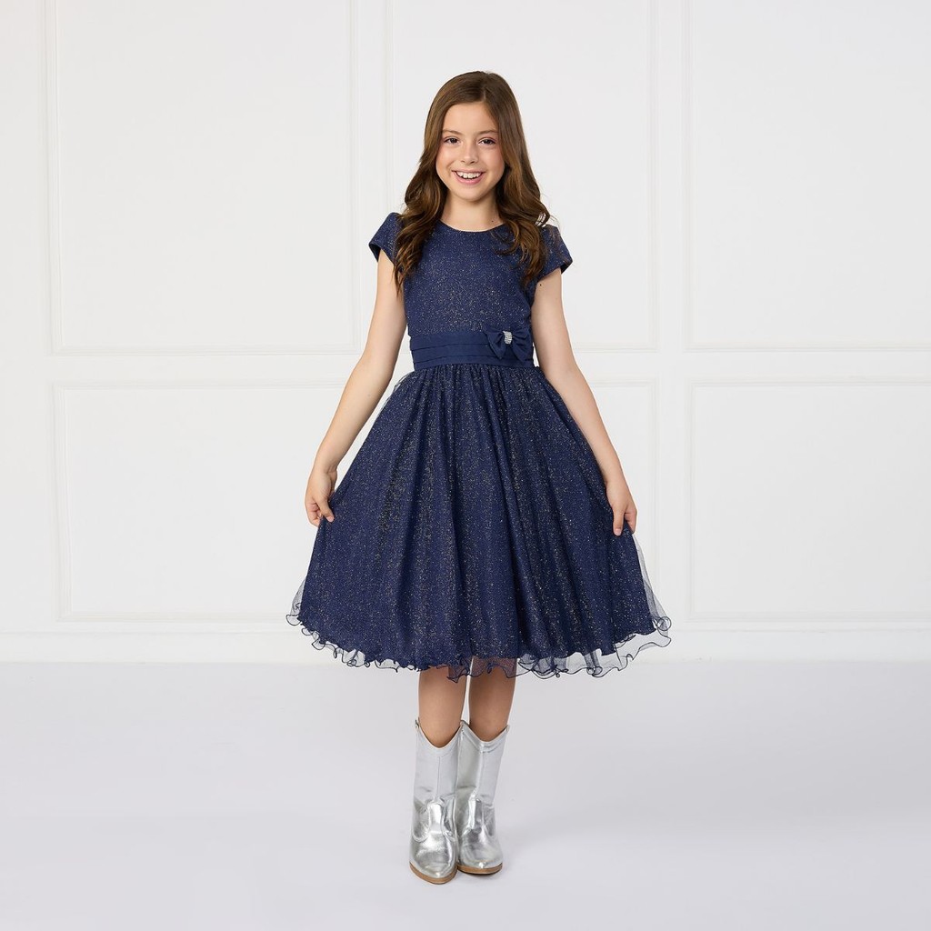 Vestido Infantil Midi Glitter Nervura Azul Marinho Brilho Criança