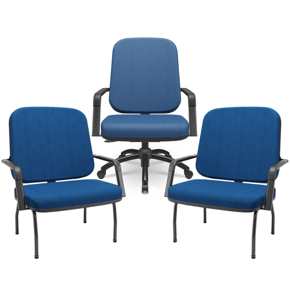 Kit Cadeira de Escritório Giratória e 2 Cadeiras Fixas Preta Magno P03 Crepe Azul - Lyam Decor