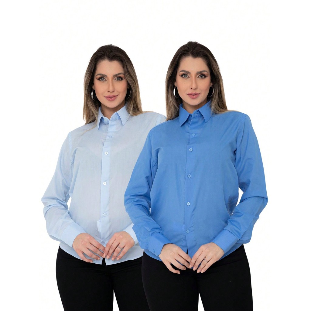 KIT Feminino 2 Peças - Camisa Social Manga Longa Slim Lisa Azul Bebê e Camisa Social Manga Longa Slim Lisa Azul