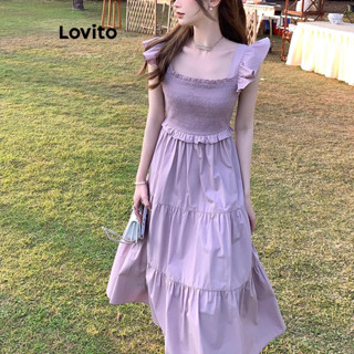 Lovito Vestido Romântico Lisa com Detalhe de Laço nas Costas para Mulheres LNL38063 (Roxo)