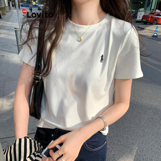 Lovito Camiseta Casual Com Bordado Liso Para Mulheres LNL43162
