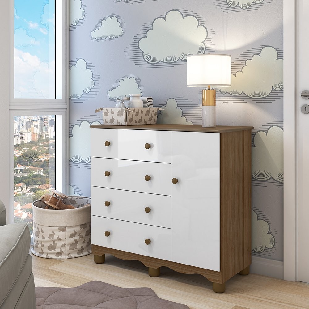 Cômoda Infantil 1 Porta 4 Gavetas 100% MDF Mimo Branco Brilho/Carvalho - Home & Living