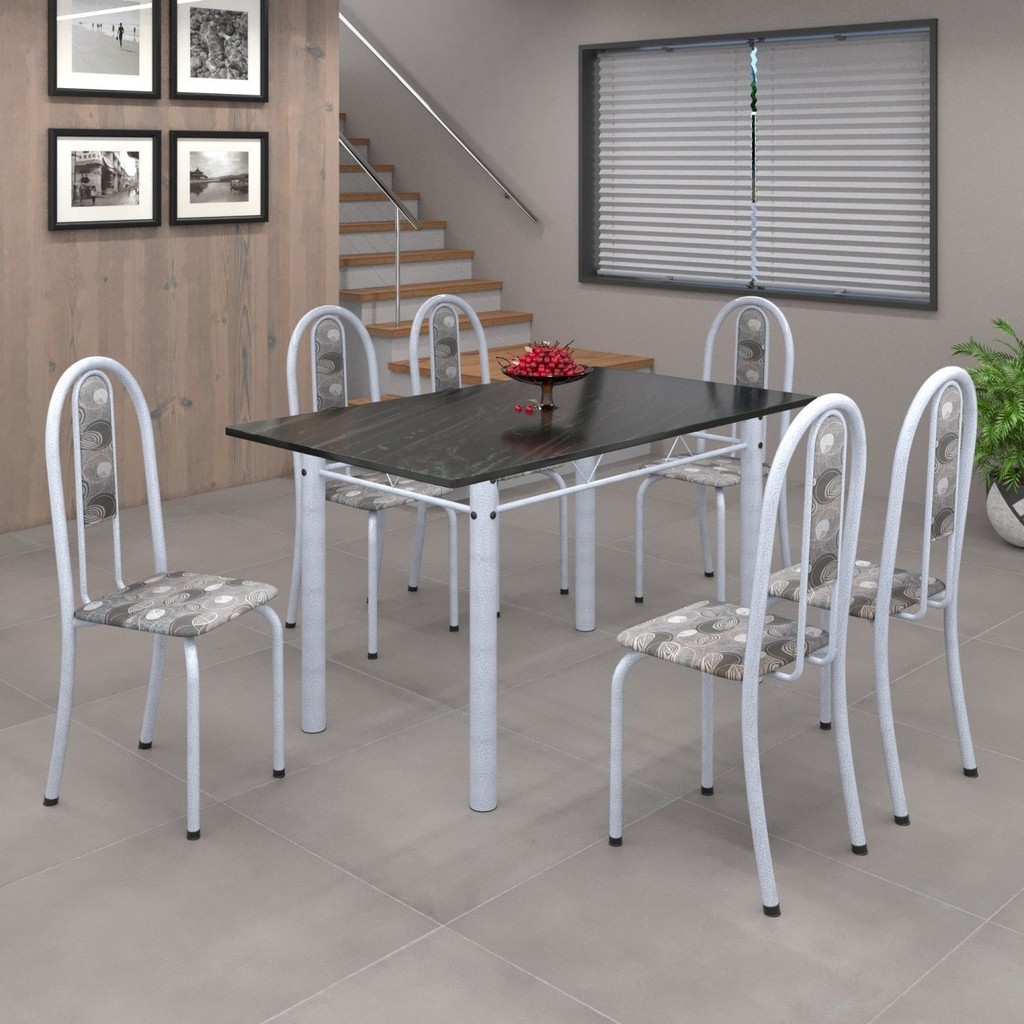 Conjunto de Mesa 140x75cm Tampo de Ardósia com 6 Cadeiras Iris A Soma Móveis Paraopeba/Martelado Pérola
