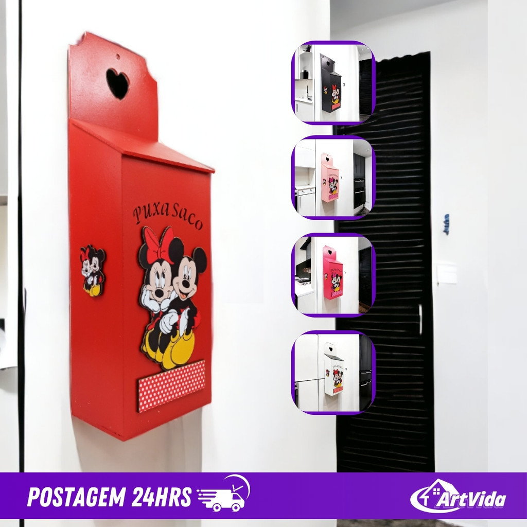 Puxa Saco e Porta Sacolas Decorado com Mickey e Minnie da Disney - Feito em MDF - Decoração 3D - Perfeito para Organizar suas Sacolas e Adicionar um Toque de Diversão à sua Cozinha - Design Prático e Divertido