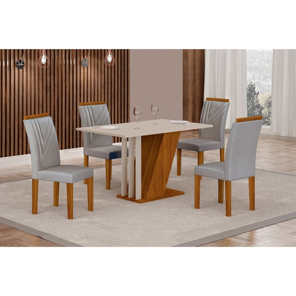 Conjunto Sala de Jantar Mesa Tampo MDF/MDP com 4 Cadeiras Miami Yescasa Freijo/OffWhite/Prata - Home & Living