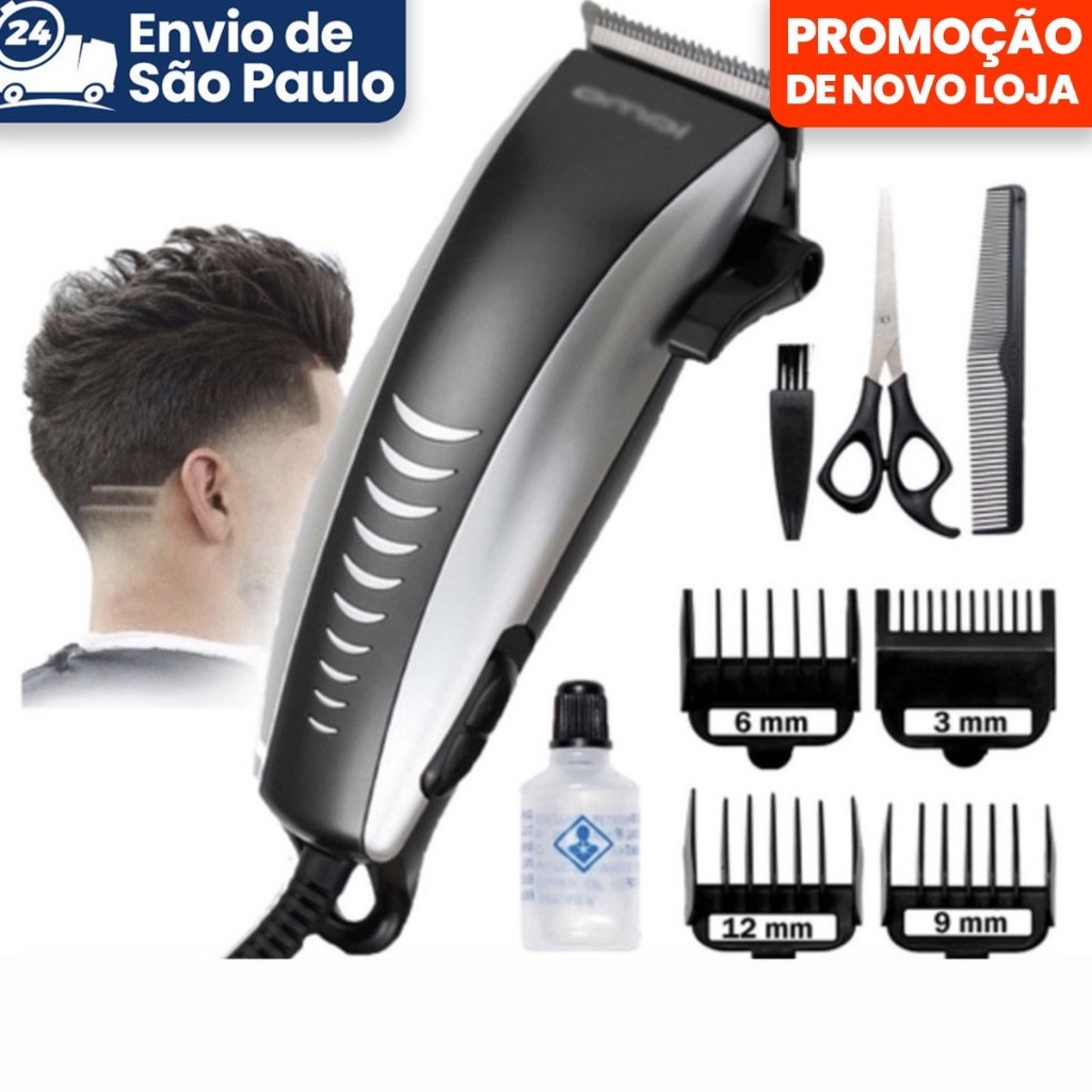 Máquina De Cortar Cabelo Barbeador Aparador Profissional Acabamento Barba 9 Peças Elétrico...