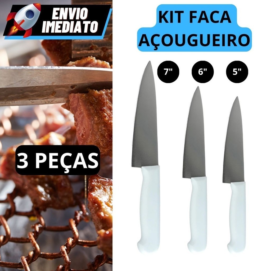 KIT 3 Facas Inox - Churrasco, Peixeira Cozinha,  5", 6", 7" Polegadas, cabo branco, resistente