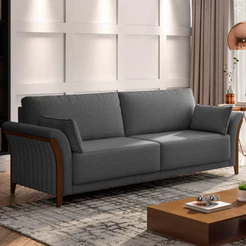 Sofá 03 Lugares Para Sala De Estar Pés Em Madeira 222 cm Stefan M03 Linho Chumbo - Lyam Decor