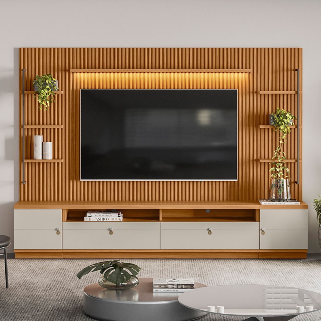 Estante para TV Até 75 Polegadas Ouro Preto 2 Portas com Led 268 Cm Nature/Off White - Linea Brasil em Oferta na Shopee