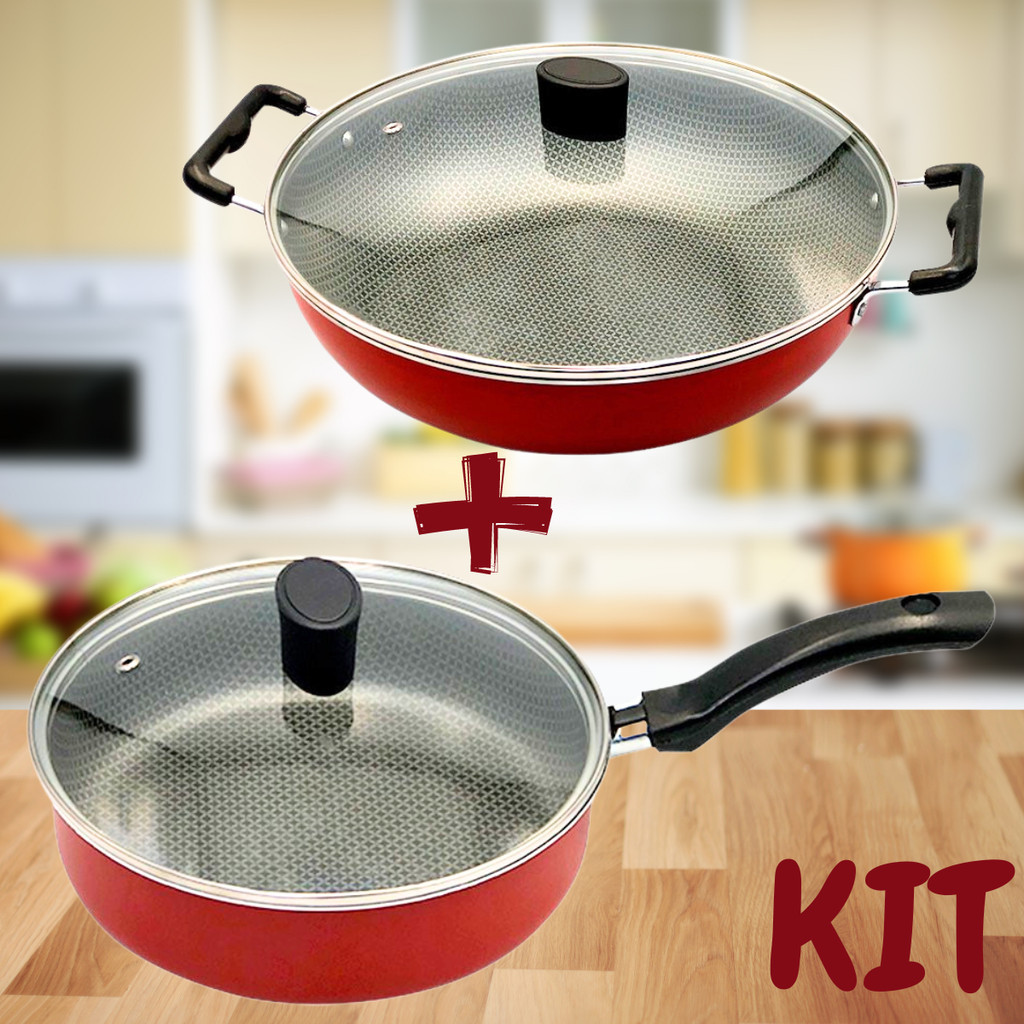 Kit Panela Wok 30cm + Frigideira Enjoy Reta 20cm com Tampa de Vidro Antiaderente Não Gruda Sem Óleo Vermelho Jogo Panela