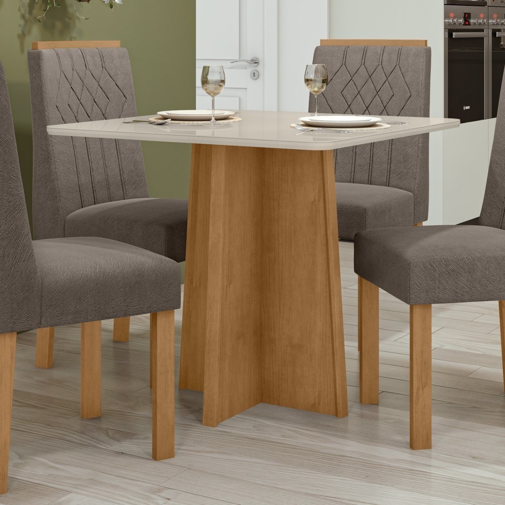 Mesa de Jantar 90x90cm Tampo MDF/Vidro Celebrare Móveis Lopas Amêndoa Clean/Off White - Home & Living