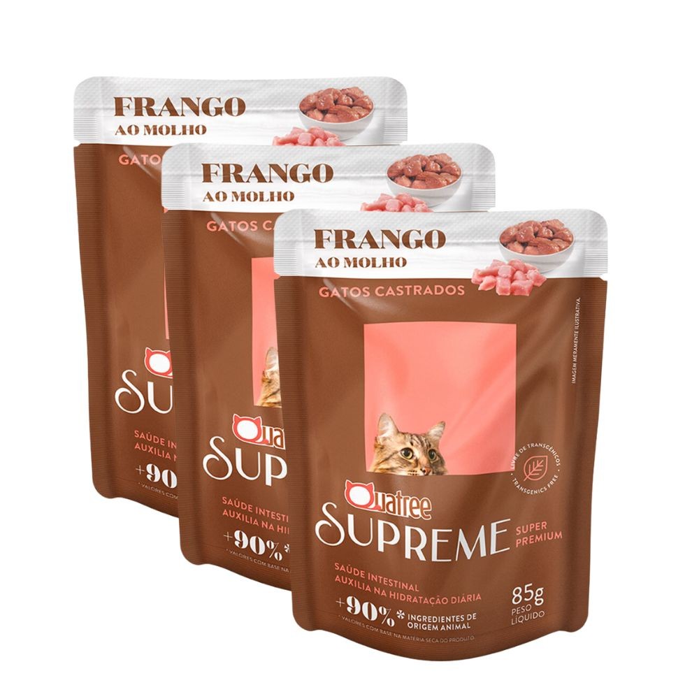 Kit 3 Ração Úmida para Gatos Castrados Quatree Supreme Super Premium Frango ao Molho 85g - Pets