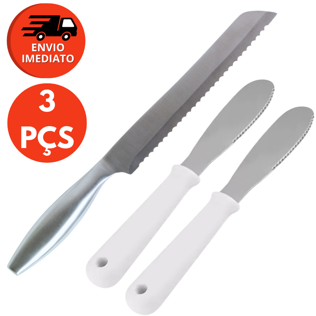 Kit 03 Un: Faca Para Pão Em Aço Inox + 02 Espátula Para Manteiga Patê Inox Com Cabo Branco