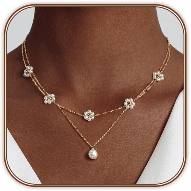Conjunto de colares de pérolas douradas para mulheres, banhado a ouro 14K, colar de pérolas com design de margarida, col