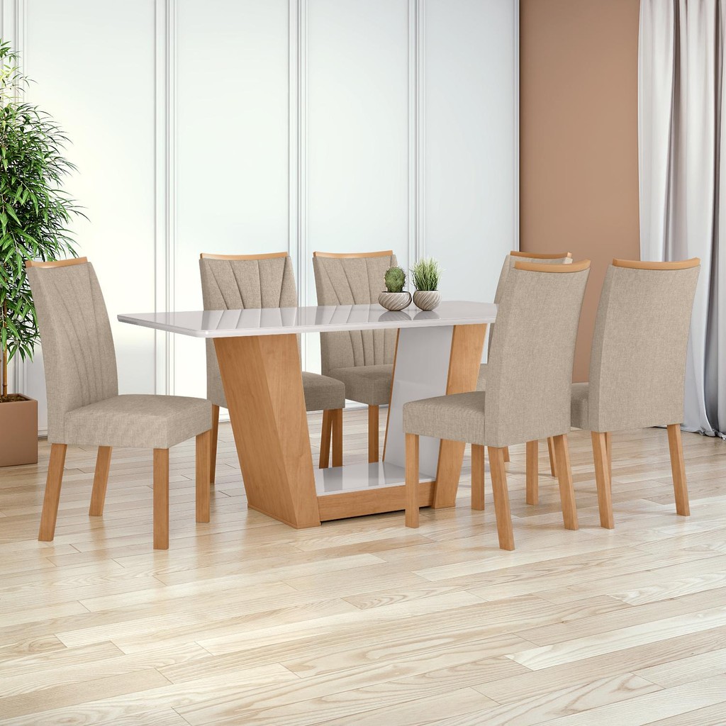 Conjunto Sala de Jantar Mesa 1,70 + 6 cadeiras Apogeu Linho Rinzai Bege Amendoa Clean/Off White em Oferta na Shopee