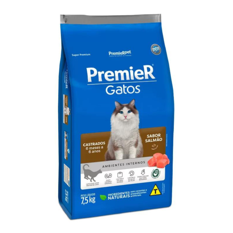 Ração PremieR Ambientes Internos gatos castrados até 6 anos salmão 7,5kg