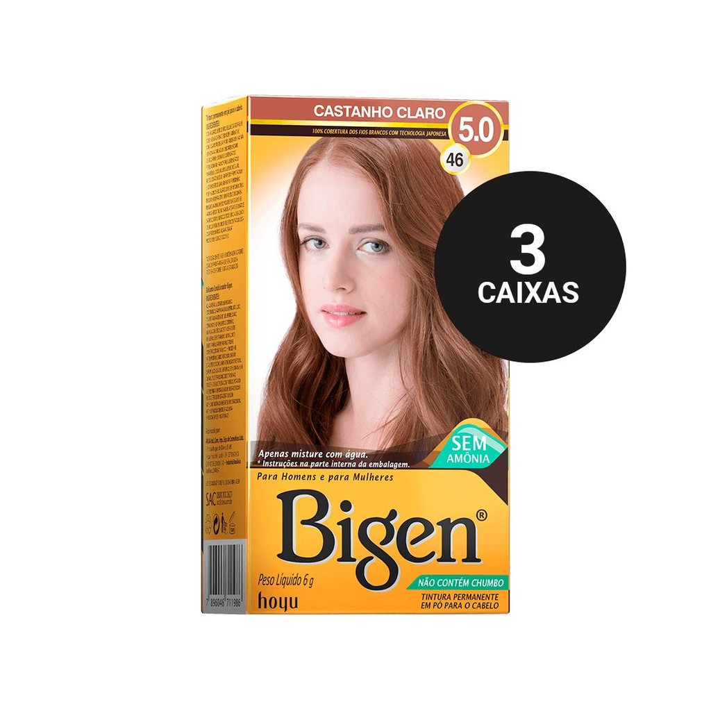 Kit Profissional Tintura Capilar à base de água Bigen 5.0 Castanho Claro 3cx