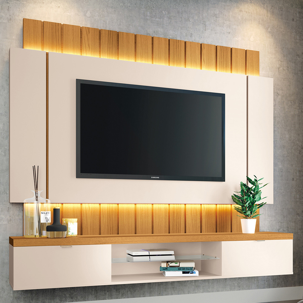 Painel Para TV 55 Pol Ripado com Bancada Suspensa Luzzi B01 Off White Cinamomo - Lyam Decor