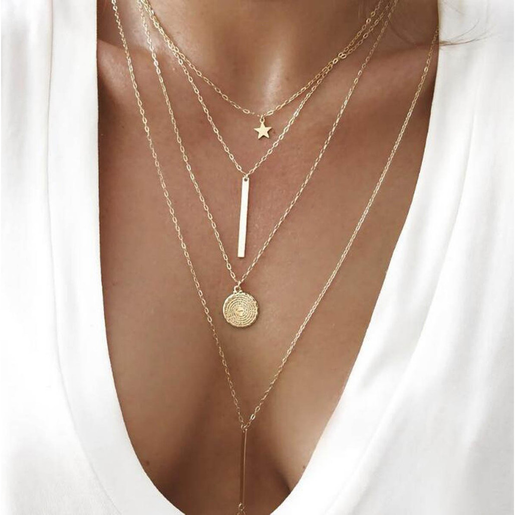 Colar Pedra Mandala Dourado Feminino Gargantilha Triplo Fle