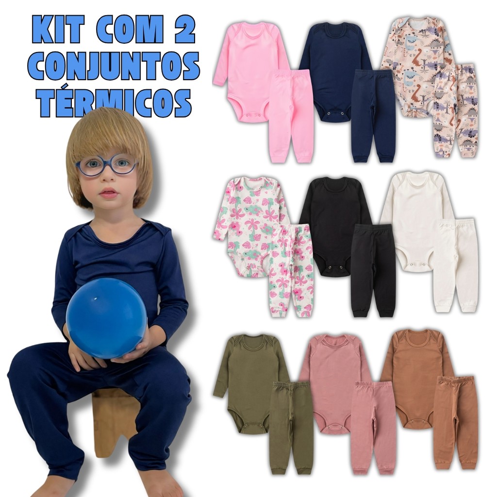 Kit 4 Peças Conjunto Térmico 2 Bodys + 2 Calças Infantil para Bebe Menino e Menina Pelucia...