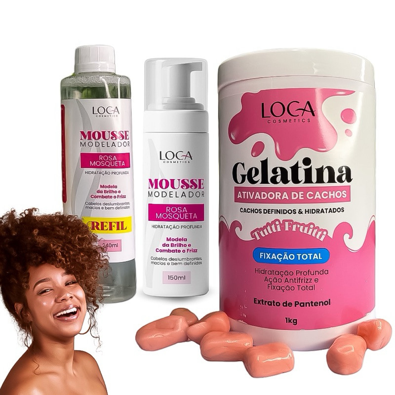 Kit Gelatina Ativadora De Cachos 1Kg + Mousse Modelador + Refil 240ml Loca Cosmétics