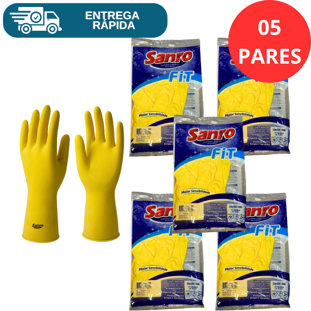 Kit 5 Prs Luva Látex Multiuso Antiderrapante Sanro Fit Proteção Impermeável Limpeza Louça Faxina Epi em Oferta na Shopee