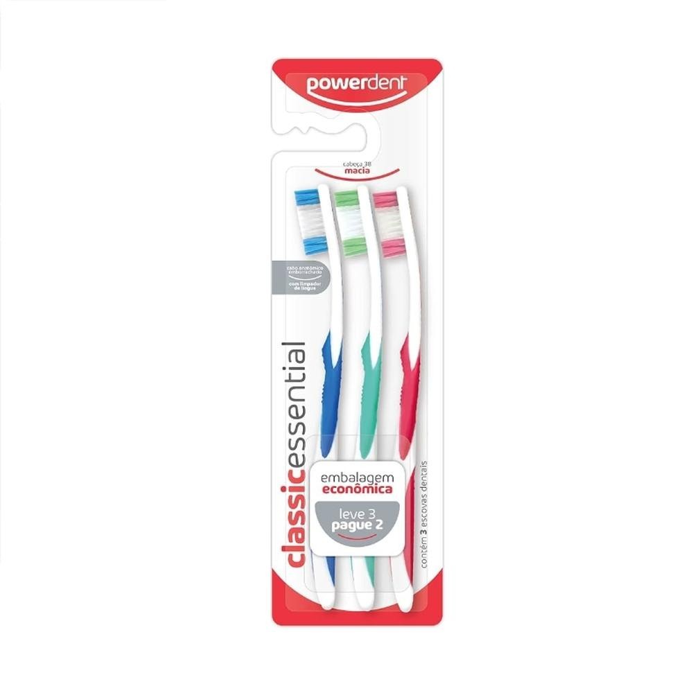 Kit Escova Dental Classic Essential Powerdent Macia 3 Unidades