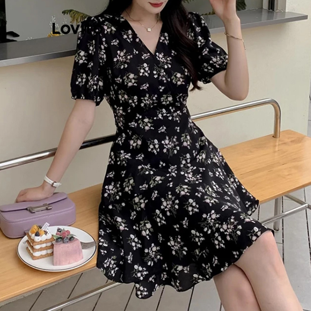 Detalhes do Lovito Vestido Boho Estampa Floral Com Babados E Amarração Traseira Para Mulheres L83ED083
