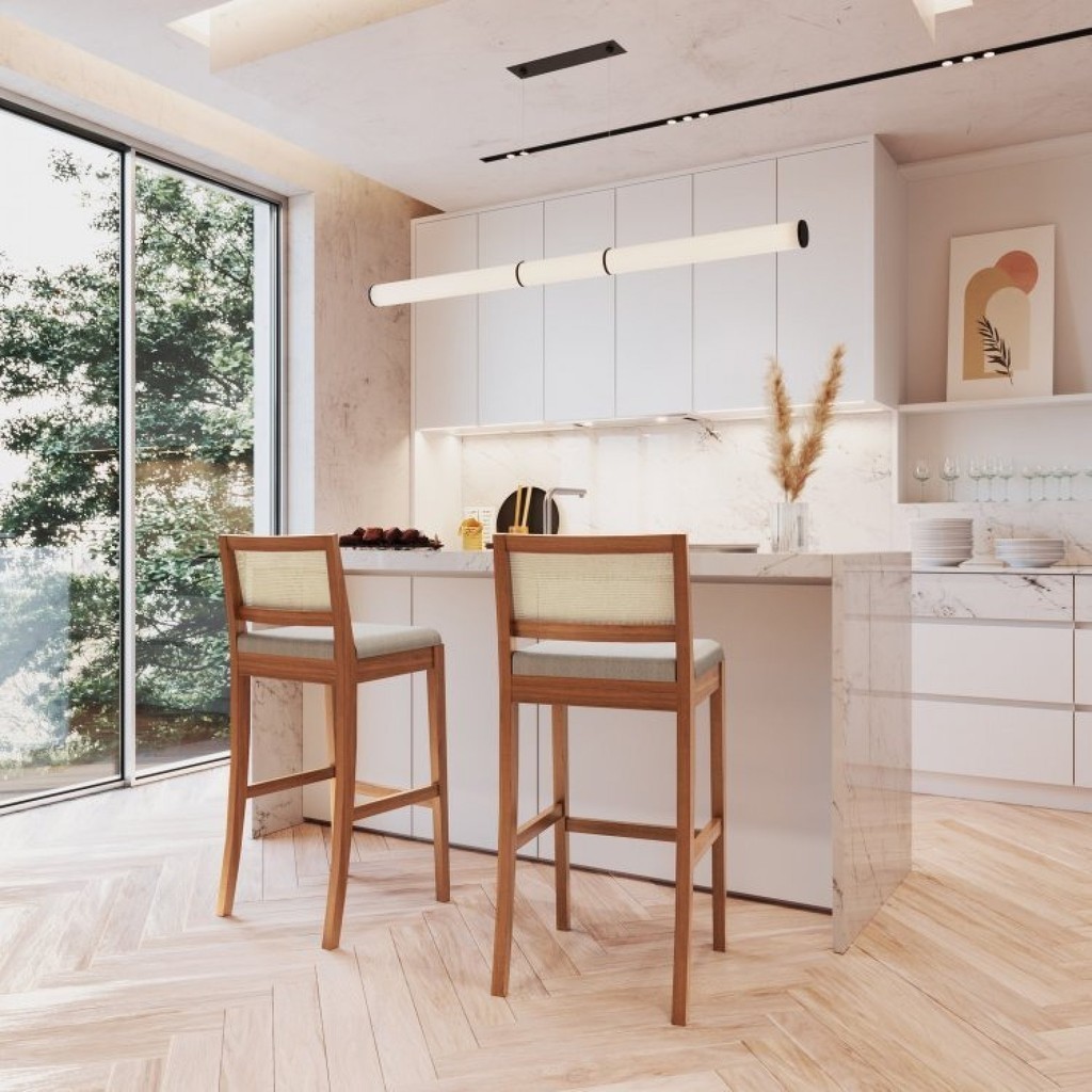 Conjunto 2 Banquetas com Encosto e Apoio para Pés Tiê CabeCasa MadeiraOriginals Amêndoa/Linho Off White em Oferta na Shopee