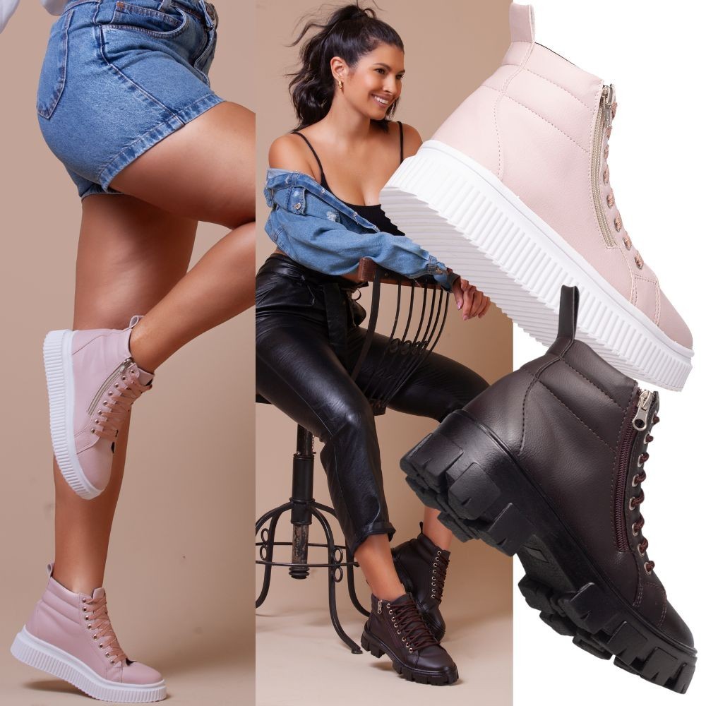 Kit Bota Feminina: Um Par Rosa Plataforma Para Um Toque Feminino +1 Par Marrom Tratorado.