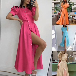 Lovito Casual Vestido Feminino Liso de Manga Bufante com Fenda e Botão Frontal LNE27187 (Cáqui Claro/Rosa Choque)