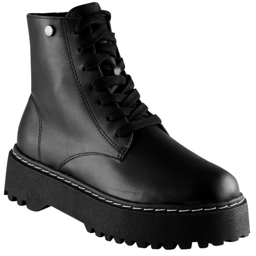 Bota Coturno Feminina Via Uno Preta Cadarço Brilhoso Tratorado Solado Grosso Design Moderno Conforto